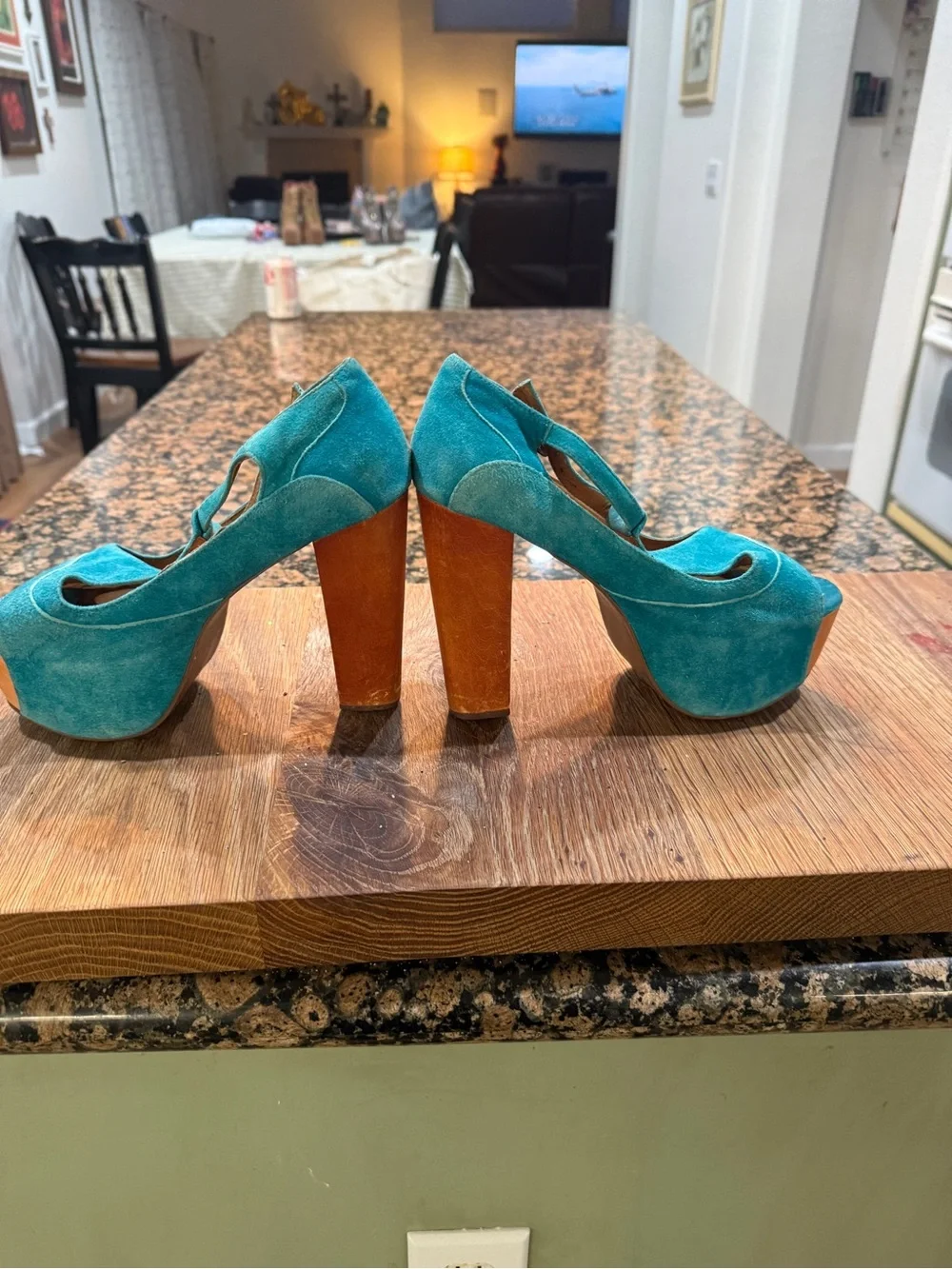 Jeffrey Campbell Turquoise Suede Platform Peep-Toe Heels